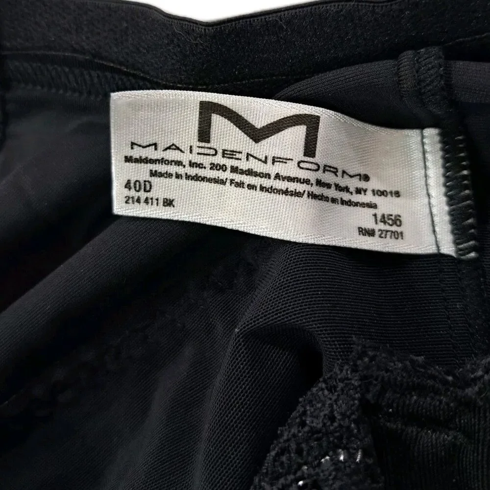 Maidenform 1456 Flexees 40D Lace Bodybriefer Built-In Bra Firm Body Shaper Black